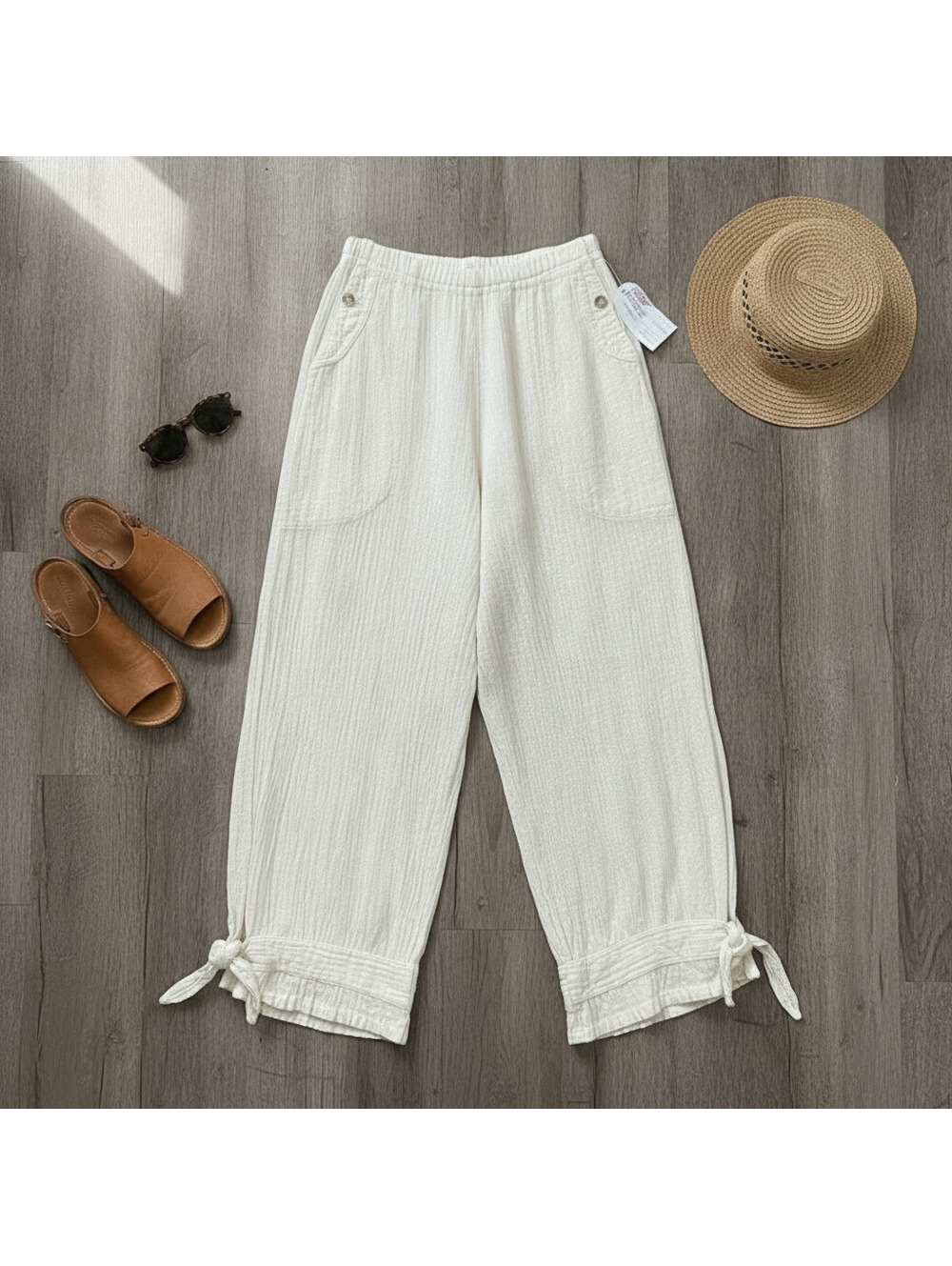 Bohemian Cream Cotton Gauze Casual Resort Ready Wide Leg Pants Size S Coastal - Picture 3 of 9